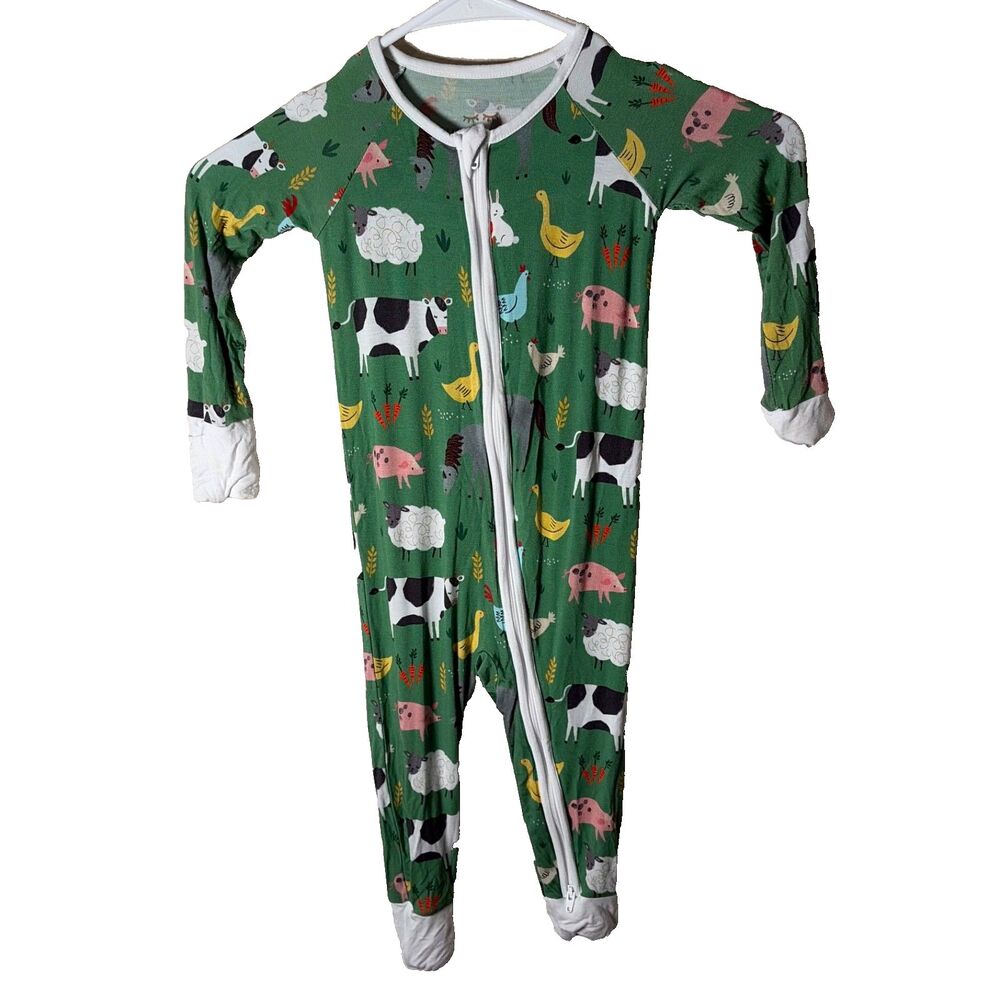 Little Sleepies Zip Long Sleeve Baby 12-18 Months Farm Animal Green Bamboo